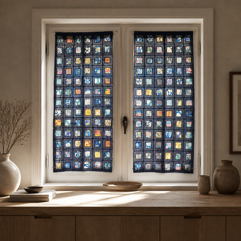 Window coverings made with scraps and hand sewn